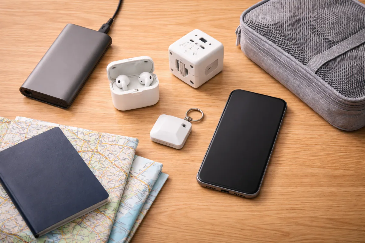 Ordentlich arrangierte Reise-Gadgets auf einem hellen Holztisch mit Powerbank, Kopfhörern, Tracker, Reiseadapter, Smartphone und Reisepass