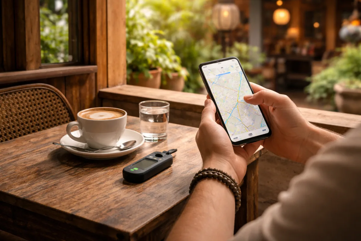 Reisender in einem rustikalen Café in Südostasien mit Smartphone-Karte und kleinem Übersetzungsgerät auf dem Tisch