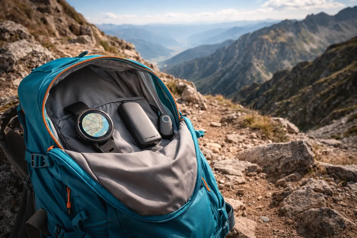 Geöffneter Wanderrucksack auf einem Bergpfad mit GPS-Uhr, Powerbank und Bluetooth-Tracker