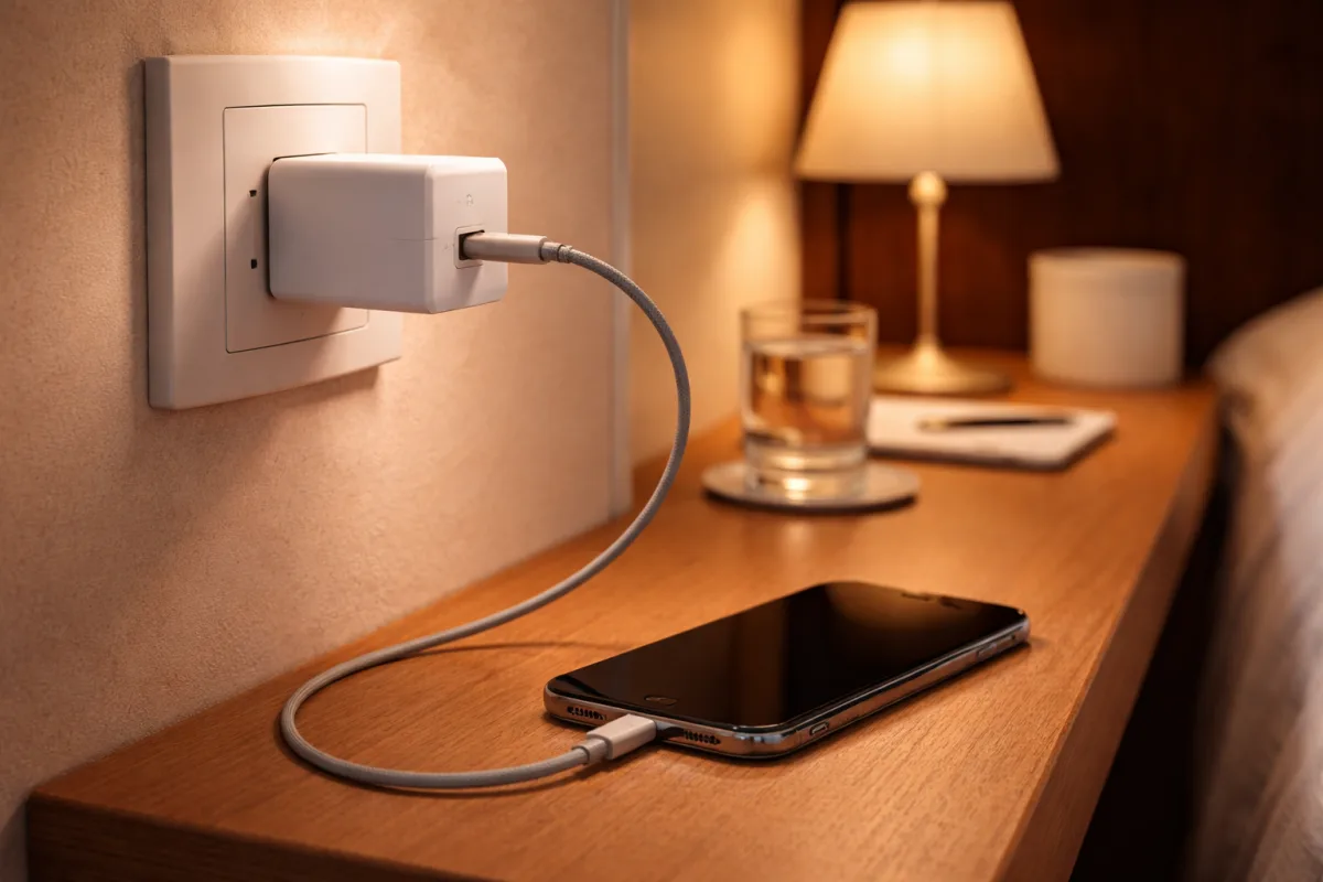 Kompaktes GaN-Ladegerät in einer Hotelsteckdose mit angeschlossenem Smartphone auf dem Nachttisch