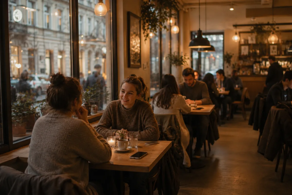 Menschen sitzen entspannt in einem Café, während Smartphones ungenutzt auf den Tischen liegen