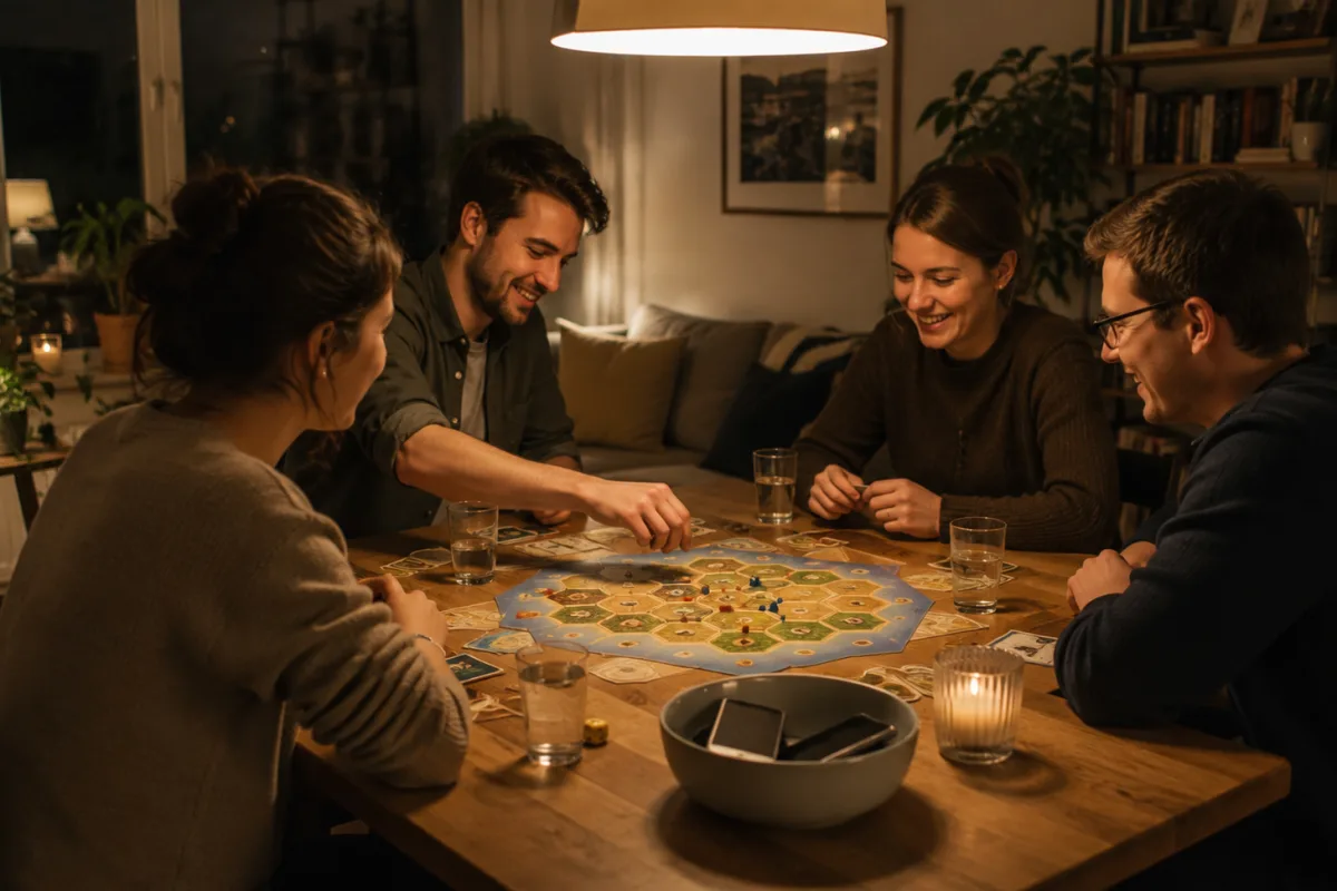 Menschen spielen abends gemeinsam ein Brettspiel, während Smartphones ungenutzt am Rand liegen