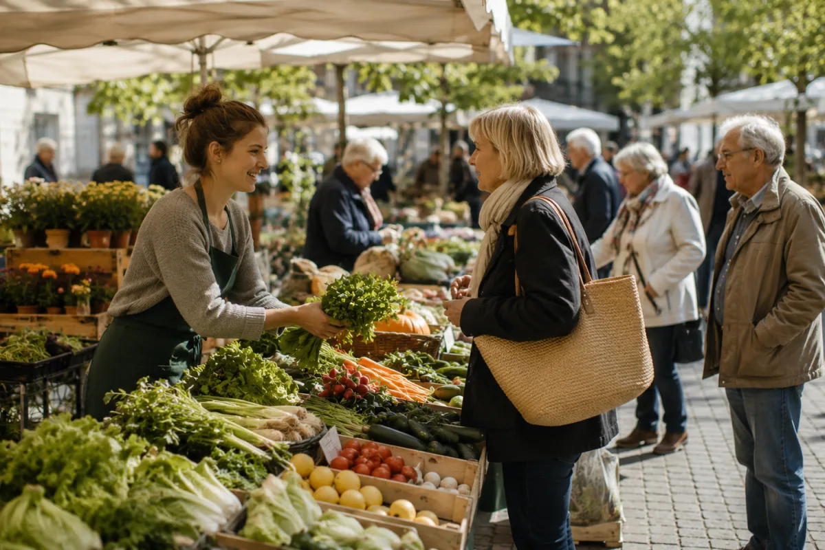 Menschen unterhalten sich auf einem kleinen Wochenmarkt zwischen Obst- und Gemüseständen