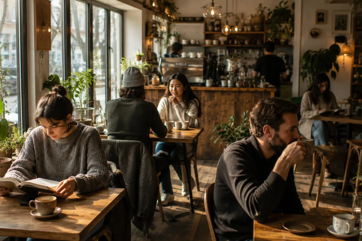 Kleines gemütliches Café mit Holztischen, Pflanzen und Menschen beim Lesen und Reden