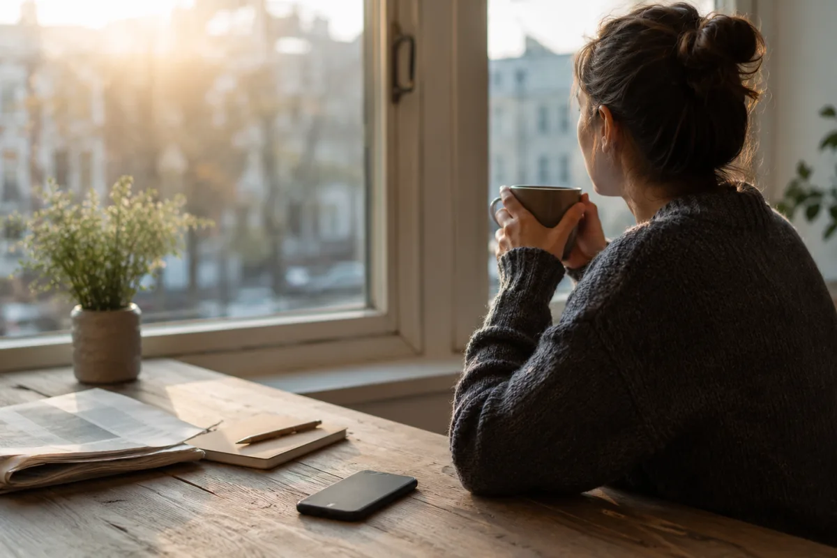 Person sitzt ruhig am Fenster, während das Smartphone umgedreht auf dem Tisch liegt