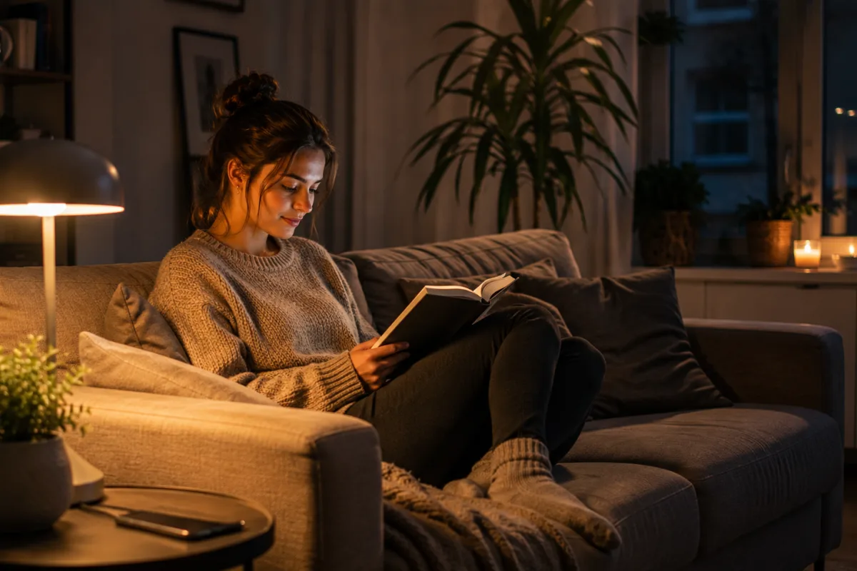 Person liest abends entspannt ein Buch, während das Smartphone ungenutzt auf dem Tisch liegt