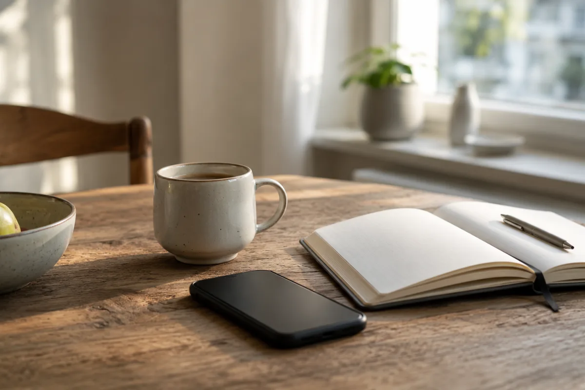 Smartphone liegt ungenutzt neben Kaffee und Notizbuch auf einem ruhigen Frühstückstisch