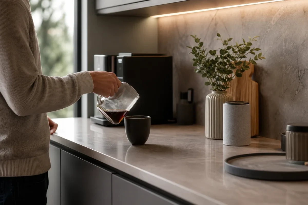 Küchentresen mit dezent integrierter Alltagstechnik während der Kaffeezubereitung