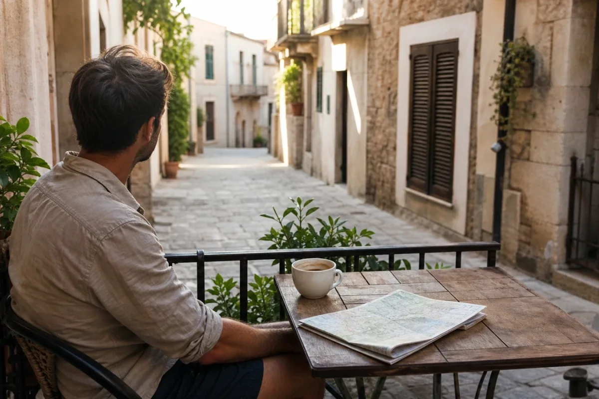 Eine reisende Person sitzt entspannt auf einer Terrasse und blickt in eine ruhige Altstadtgasse.