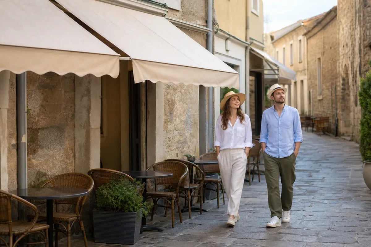 Zwei Reisende schlendern ohne Eile durch eine ruhige Straße mit kleinen Cafés.