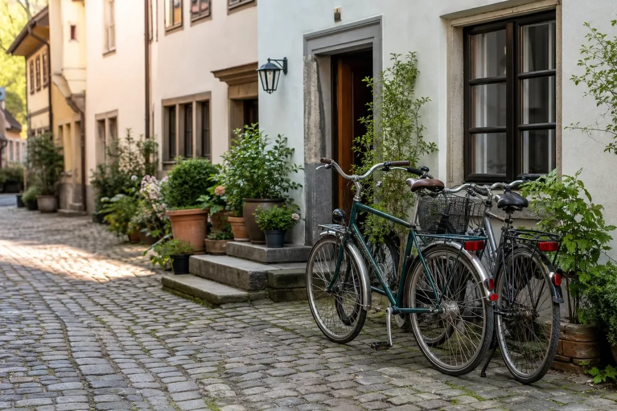 Fahrräder stehen vor einer kleinen Pension in einer ruhigen Altstadtgasse