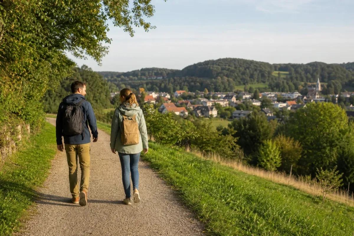 Zwei Reisende gehen mit kleinen Rucksäcken auf einem Wanderweg nahe einer Kleinstadt