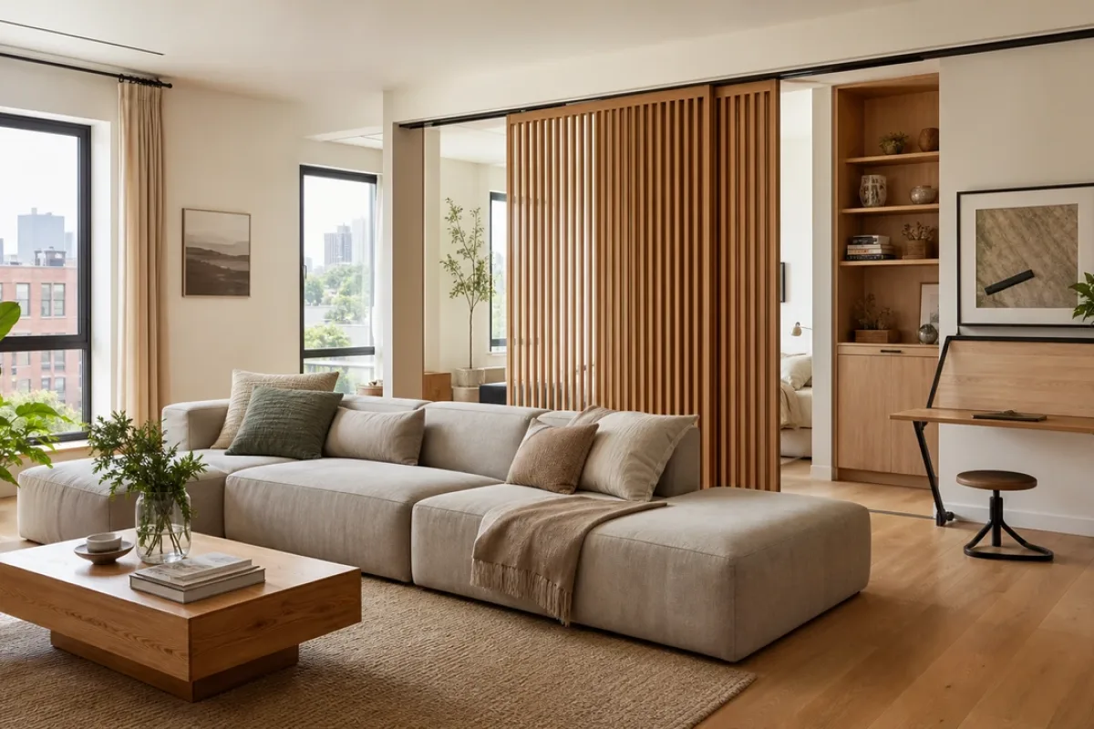 Helles modernes Wohnzimmer mit flexibler Raumaufteilung, modularem Sofa und verschiebbarer Trennwand
