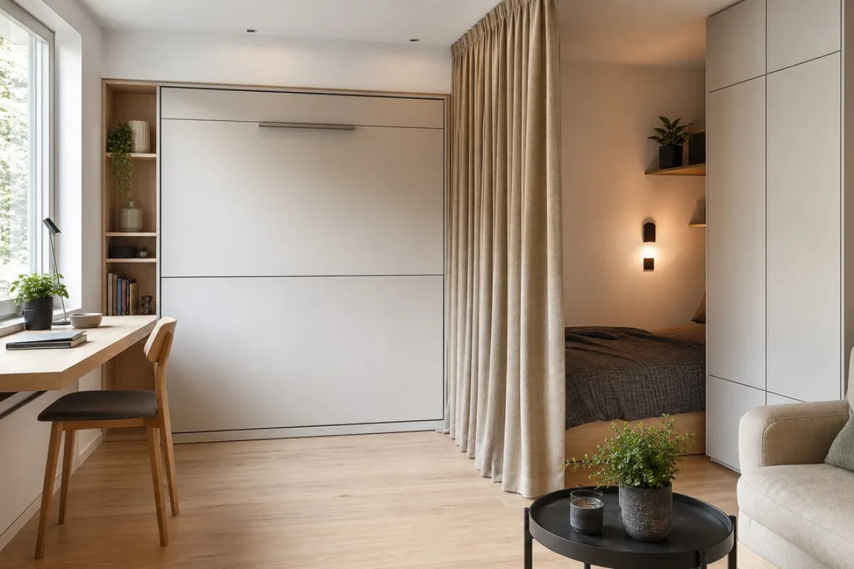 Kleines Apartment mit Schrankbett, Arbeitsplatz am Fenster und Vorhang zur flexiblen Raumtrennung