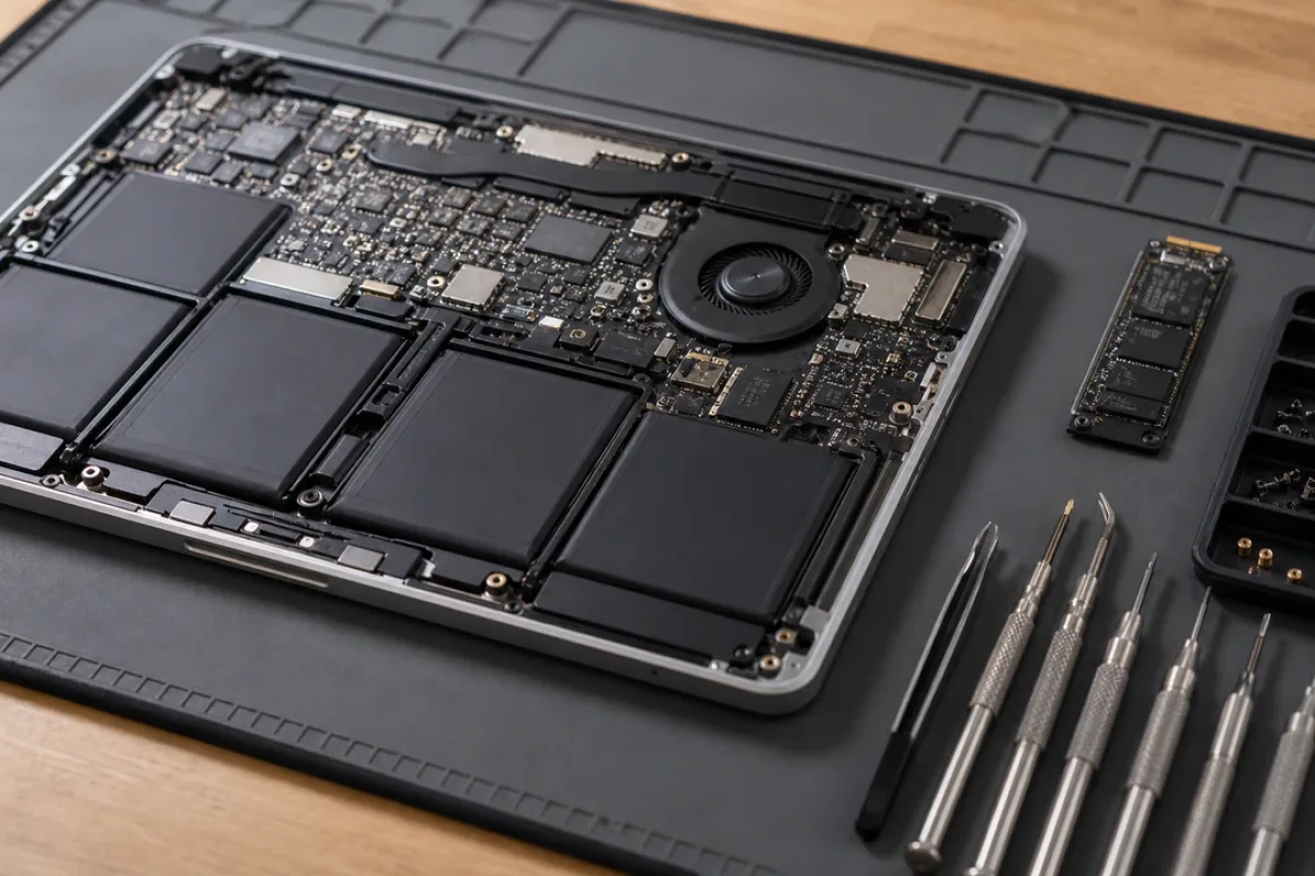 Ein geöffneter Laptop liegt mit Werkzeug und Ersatzteilen auf einer Reparaturmatte.