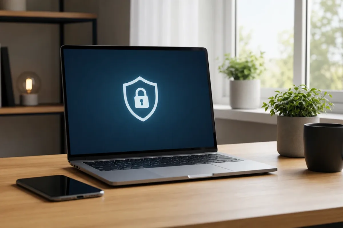 Aufgeräumter Arbeitsplatz mit Laptop und Smartphone als Sinnbild für datensparsame digitale Nutzung