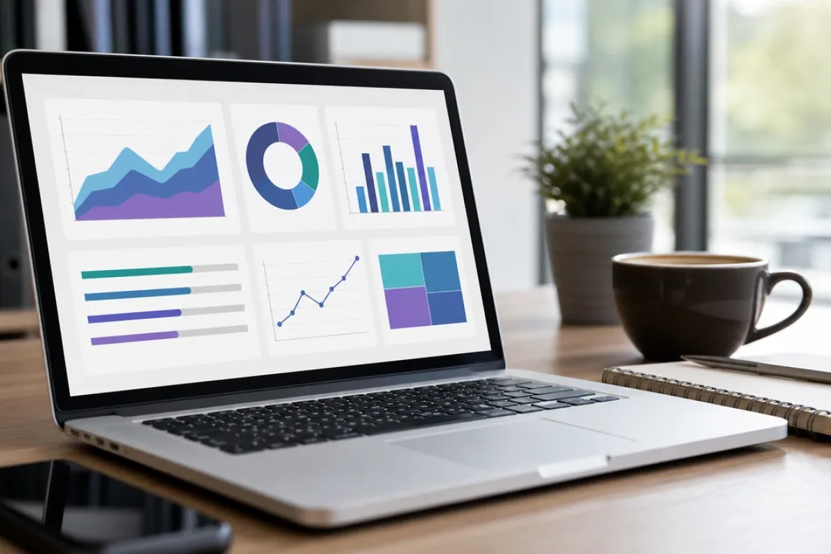 Laptop mit abstraktem Analyse-Dashboard auf einem Schreibtisch