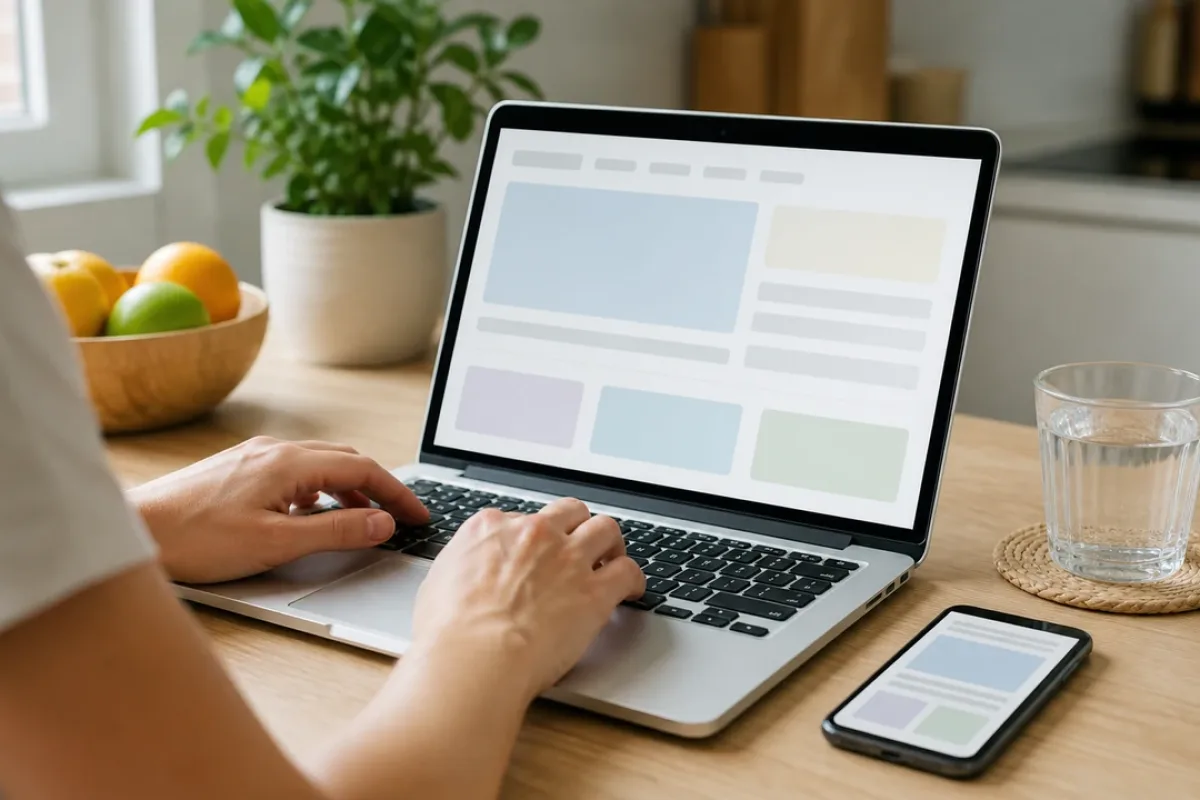 Person nutzt eine übersichtliche Website auf einem Laptop in einer hellen Arbeitsumgebung