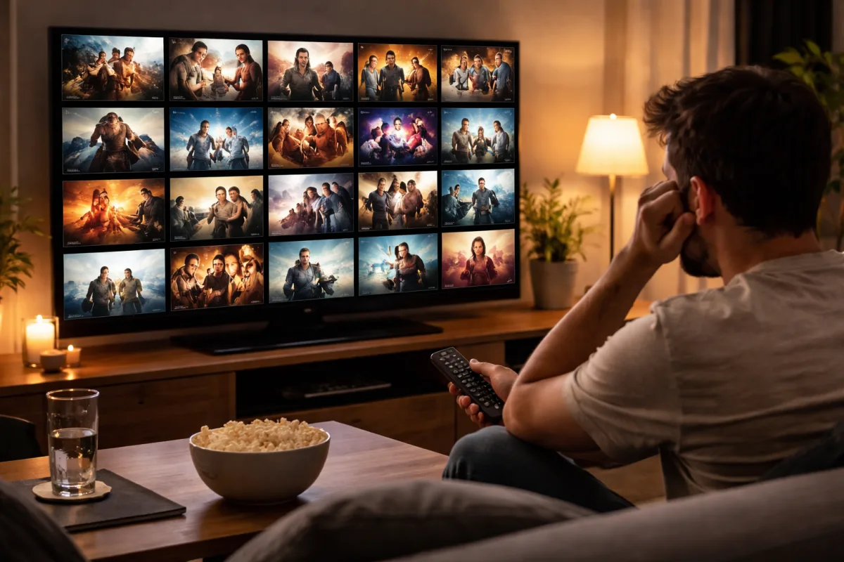 Person auf einem Sofa in einem abgedunkelten Wohnzimmer mit Fernbedienung in der Hand vor einem Fernseher mit Filmauswahl