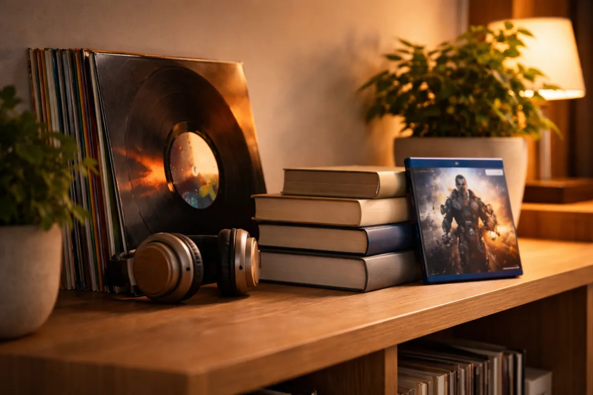 Kleine Sammlung aus Schallplatten, Büchern und einer Blu-ray auf einem Holzregal in einem warm beleuchteten Wohnzimmer