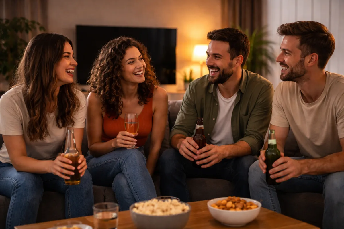Freundesgruppe im Gespräch in einem Wohnzimmer mit ausgeschaltetem Fernseher im Hintergrund bei warmem Abendlicht