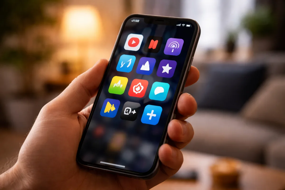 Smartphone in einer Hand mit mehreren bunten App-Symbolen auf dem Bildschirm vor unscharfem Wohnzimmerhintergrund