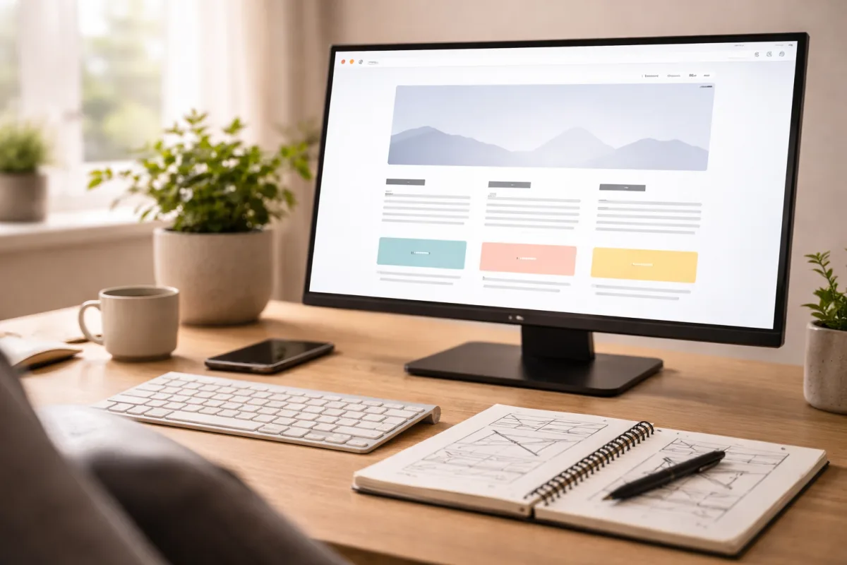 Aufgeräumter Arbeitsplatz mit einem Monitor, der ein minimalistisches Webseitenlayout zeigt, daneben ein Notizbuch mit Wireframe-Skizzen