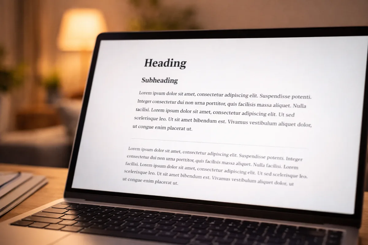 Laptopbildschirm zeigt einen gut gesetzten Artikel mit klaren Überschriften, großzügigem Zeilenabstand und angenehmer Schriftgröße