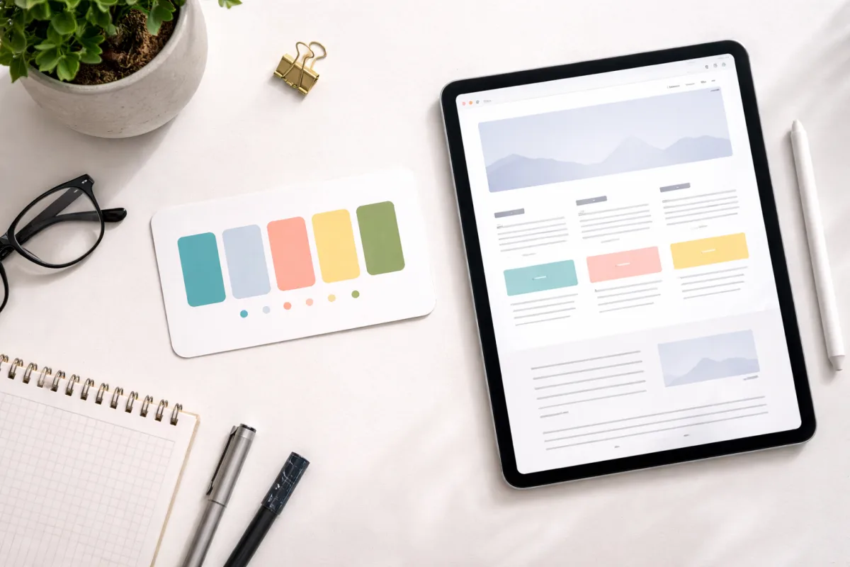 Fünf harmonische Farbmuster auf einem weißen Schreibtisch neben einem Tablet mit einer übersichtlichen Interface-Darstellung