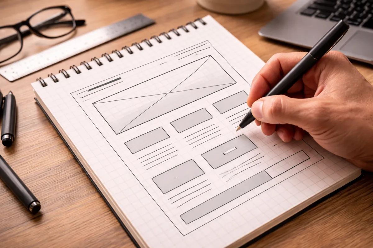 Hand zeichnet ein übersichtliches Wireframe-Layout mit klaren Inhaltsblöcken auf kariertem Papier