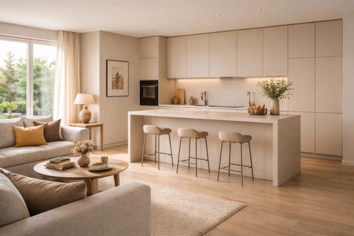 Minimalistische offene Wohnkueche mit ruhigen Fronten und unauffaellig integrierten Geraeten