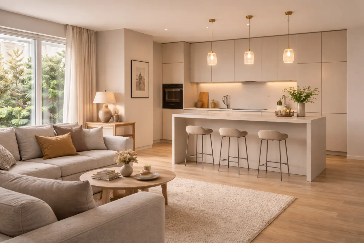 Offener Wohnraum mit fliessendem Uebergang zwischen Wohnzimmer und zurueckhaltend gestalteter Kueche