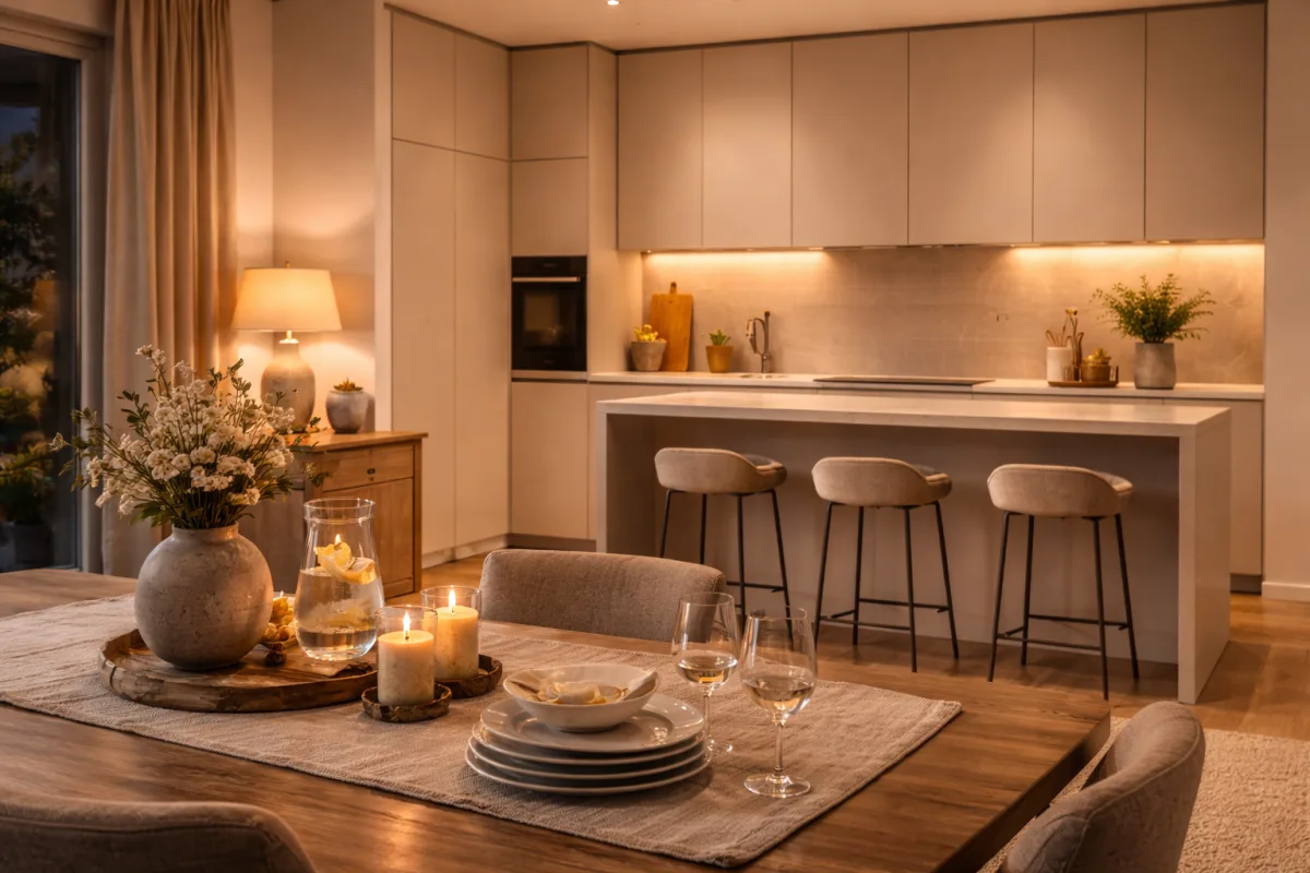 Ruhige moderne Kueche am Abend mit geschlossenen Fronten und dezentem Licht