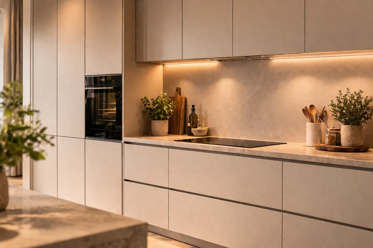 Nahaufnahme einer ruhigen Kuechenwand mit grifflosen Fronten und integrierten Elementen