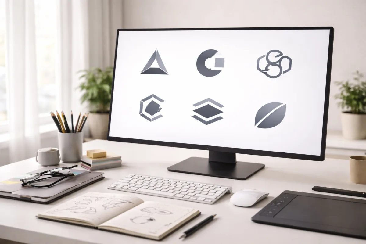 Minimalistischer Designerarbeitsplatz mit Monitor, auf dem einfache geometrische Logoformen zu sehen sind