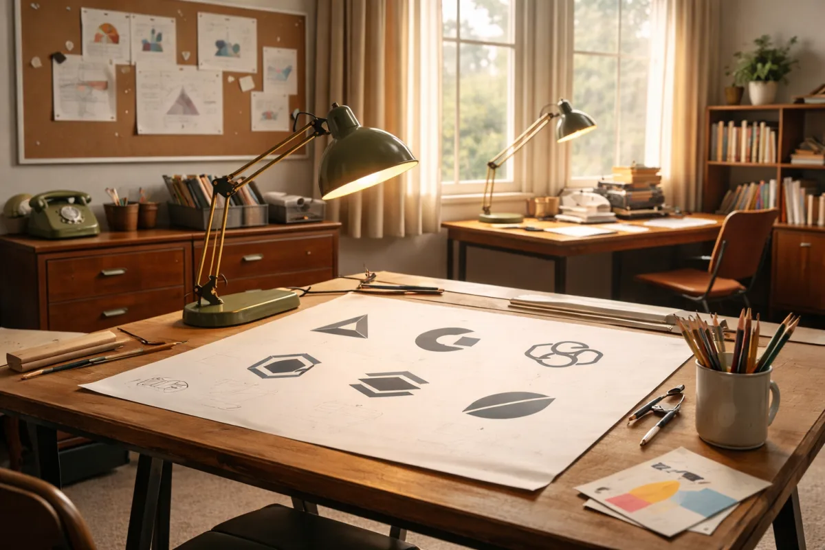 Vintage-Designbüro aus den 1960er Jahren mit Zeichentisch und einfachen geometrischen Logo-Skizzen auf Papier