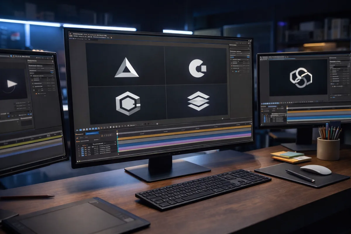 Modernes digitales Designstudio mit mehreren Bildschirmen, die eine Logo-Animation mit minimalistischen geometrischen Formen zeigen