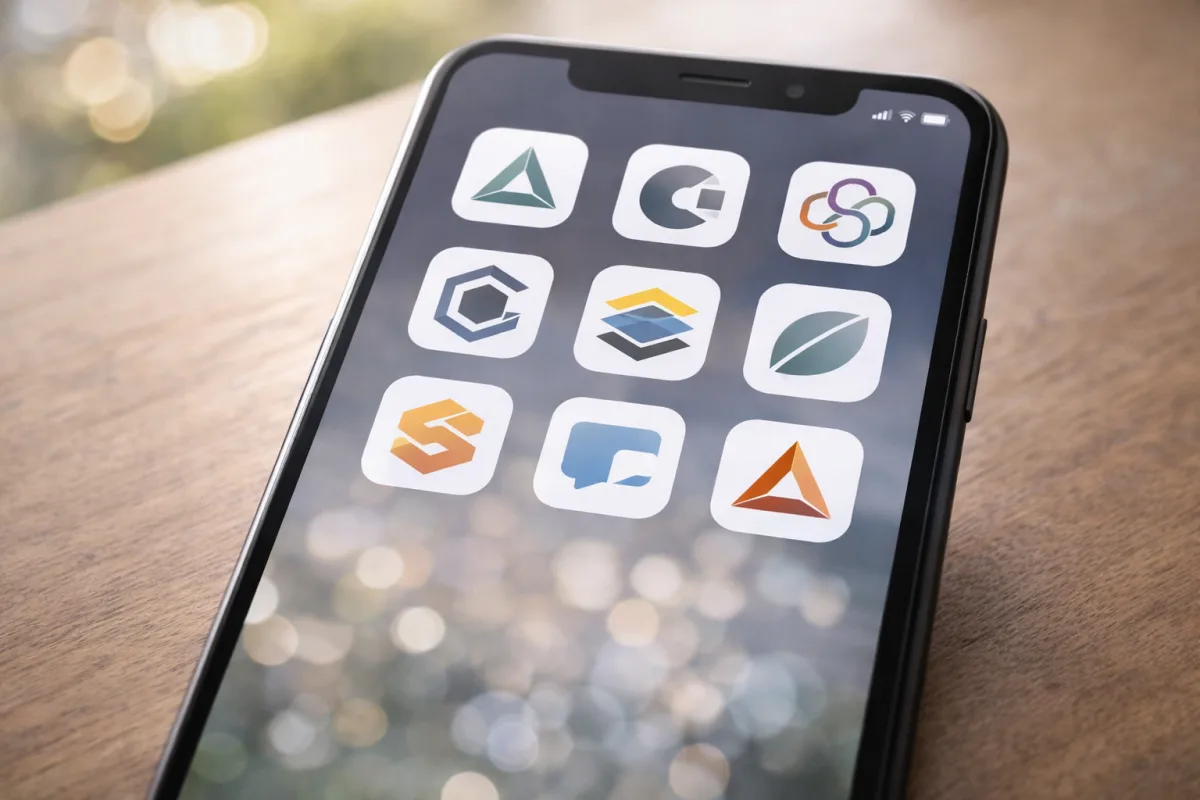Nahaufnahme eines Smartphone-Bildschirms mit verschiedenen App-Icons, die einfache geometrische Logos zeigen
