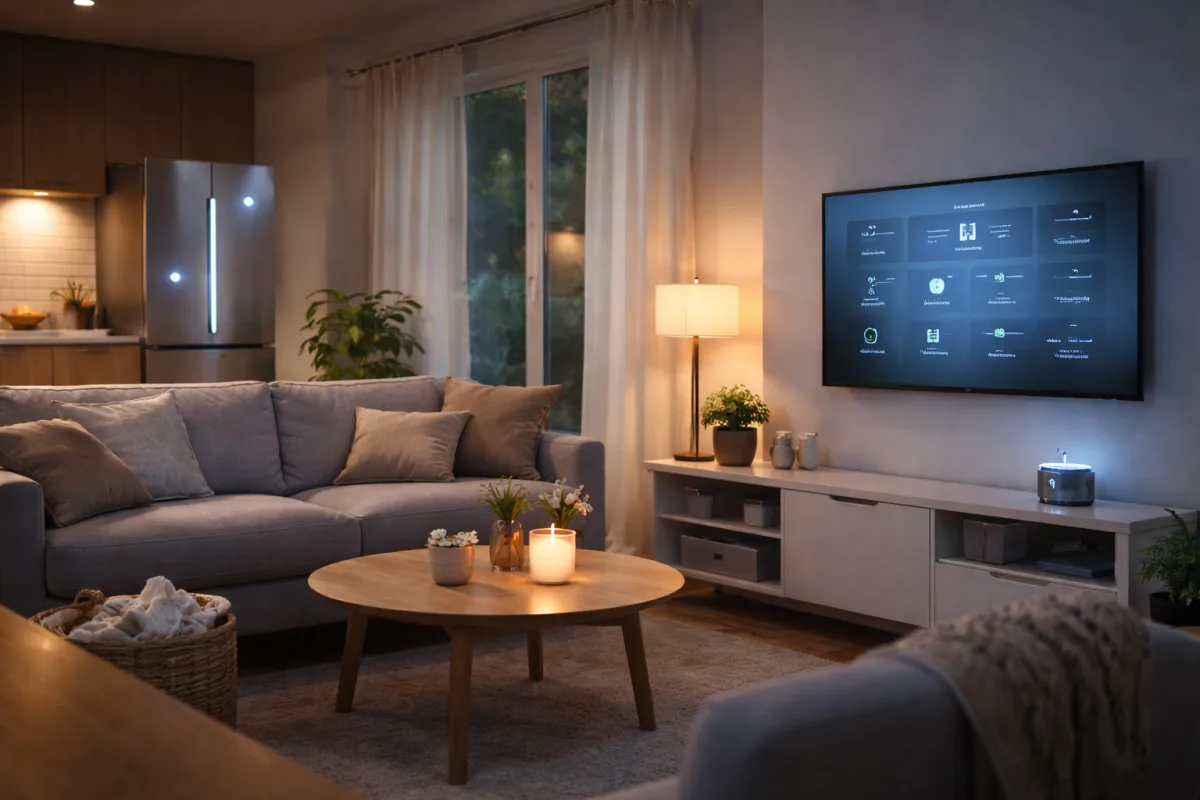 Modernes Wohnzimmer mit alltäglichen Geräten, die dezent auf eingebettete Technologie hinweisen