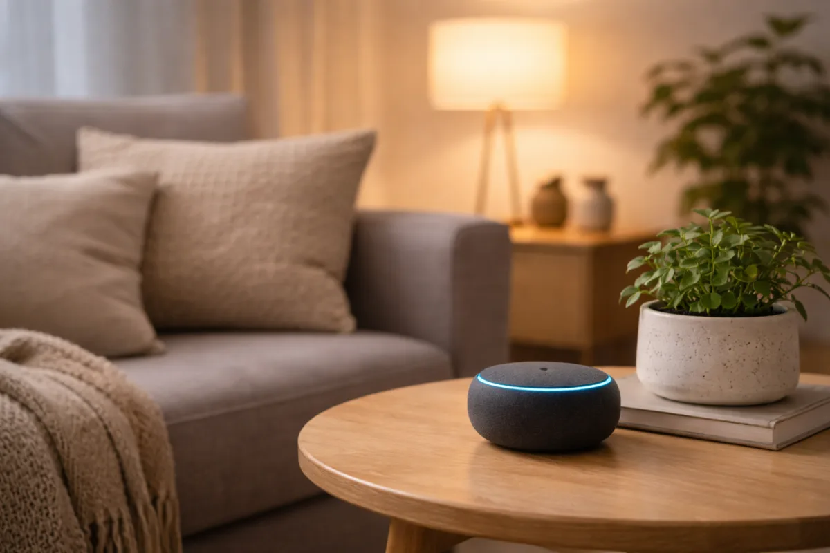 Minimalistisches Smart-Home-Setup mit einem kleinen vernetzten Lautsprecher auf einem Beistelltisch