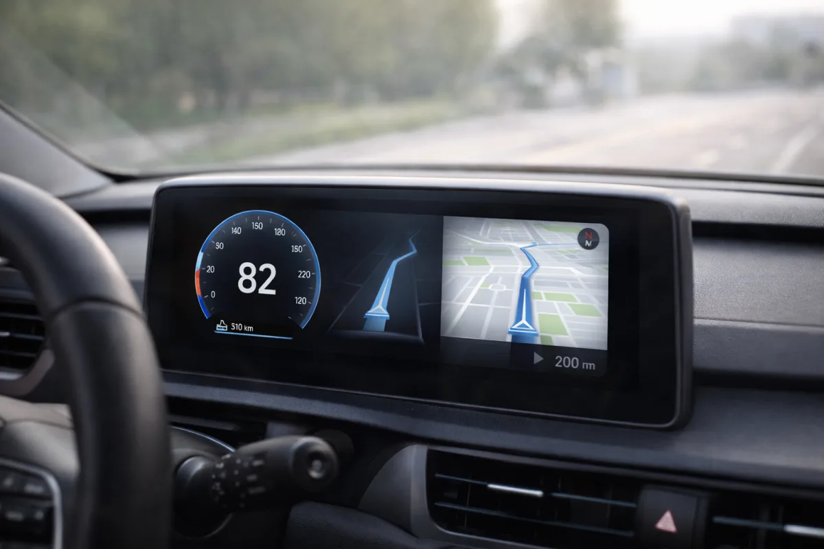 Digitales Armaturenbrett eines modernen Fahrzeugs mit eingebetteter Software im Hintergrund