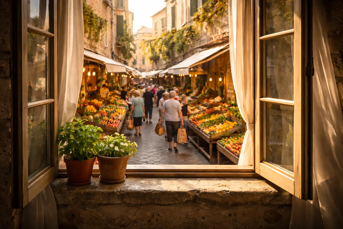 Blick aus Fenster auf lebendigen lokalen Markt in mediterraner Gasse, symbolisch für authentische Kultur und lokale Begegnungen beim Slow Travel