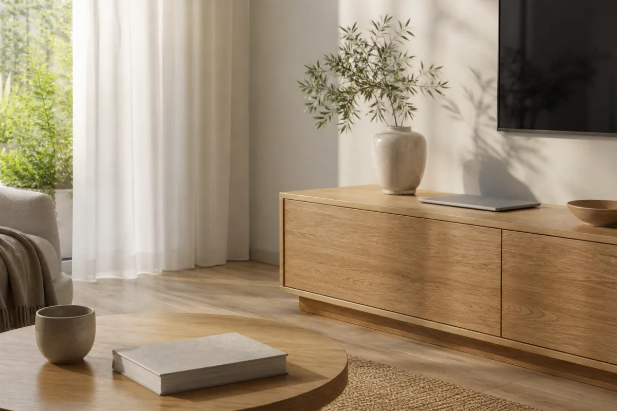 Ruhig eingerichtetes Wohnzimmer mit natürlichen Materialien, Buch, Keramikvase und sanftem Tageslicht