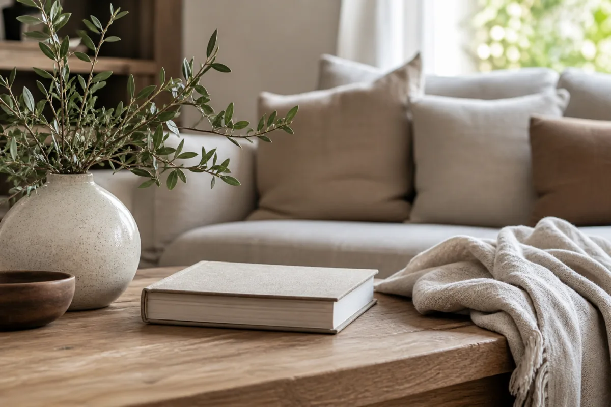 Nahaufnahme natürlicher Wohnmaterialien mit Holz, Leinen, Keramik, Buch und weicher Decke