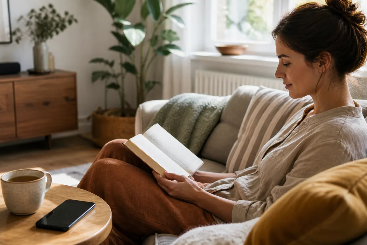 Person liest entspannt auf einem Sofa, während ein ausgeschaltetes Smartphone auf dem Beistelltisch liegt