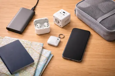 Ordentlich arrangierte Reise-Gadgets auf einem hellen Holztisch mit Powerbank, Kopfhörern, Tracker, Reiseadapter, Smartphone und Reisepass
