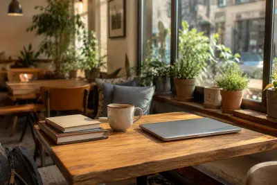 Gemütliche moderne Café-Ecke mit Holztisch, Büchern, Pflanzen und geschlossenem Laptop im warmen Tageslicht