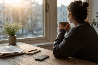 Person sitzt ruhig am Fenster, während das Smartphone umgedreht auf dem Tisch liegt