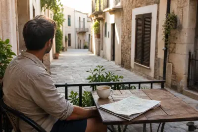 Eine reisende Person sitzt entspannt auf einer Terrasse und blickt in eine ruhige Altstadtgasse.