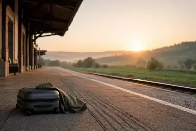 Kleines Reisegepäck auf einem Bahnsteig vor einer nahen Landschaft am Morgen